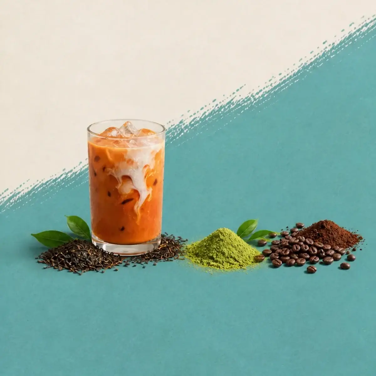 Iced Thai tea with tea leaves and matcha