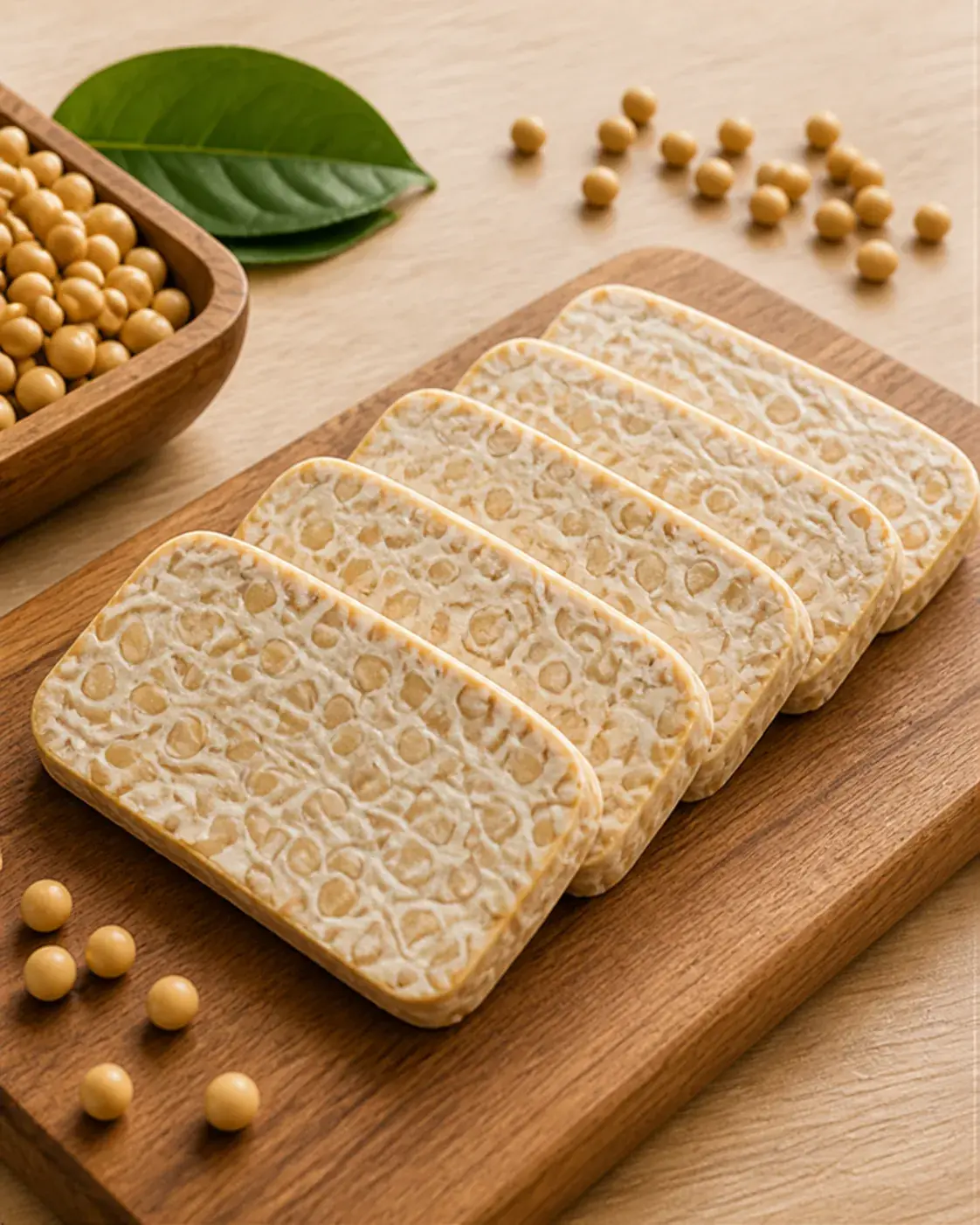 Close detail of a crispy tempeh sheet with whole soybeans visible