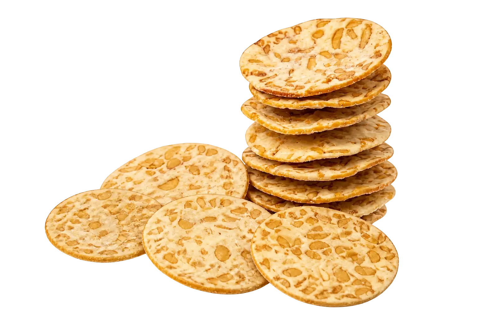 A scatter of round crispy tempeh pieces, whole soybeans visible across every one