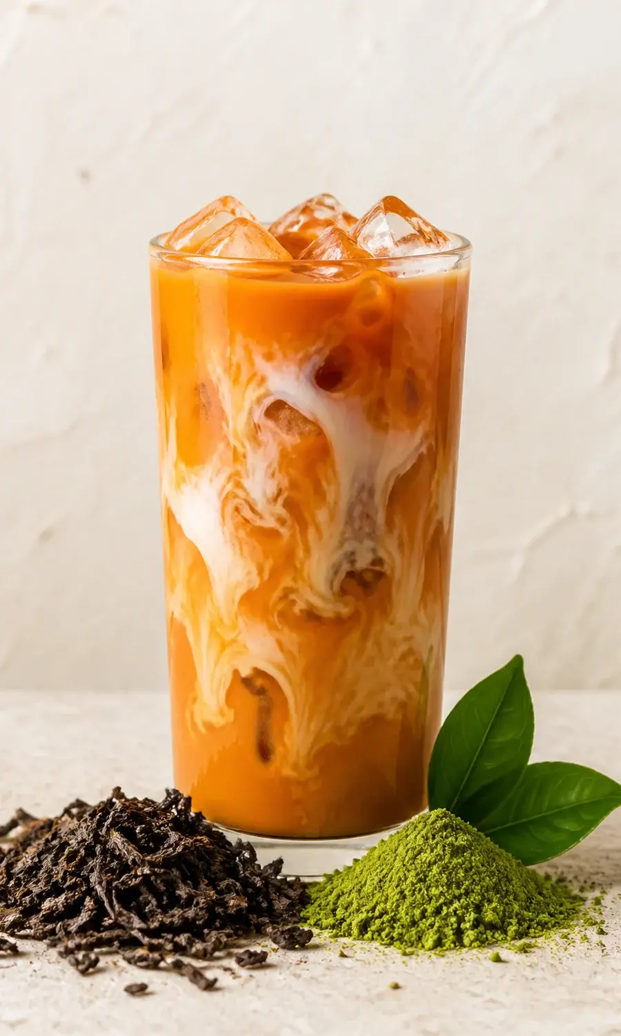 A glass of iced Thai tea beside dry tea leaves and matcha powder